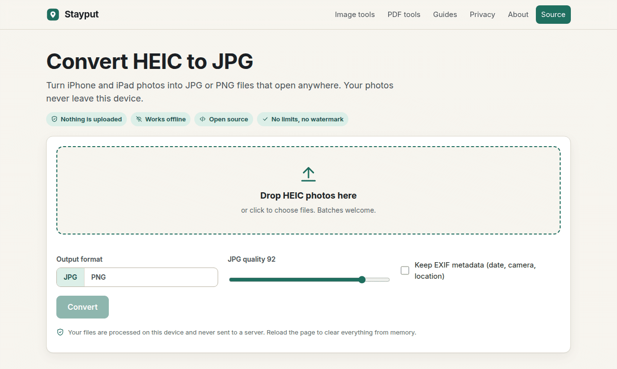 Three HEIC photos converting to JPG while the request panel stays empty of uploads.