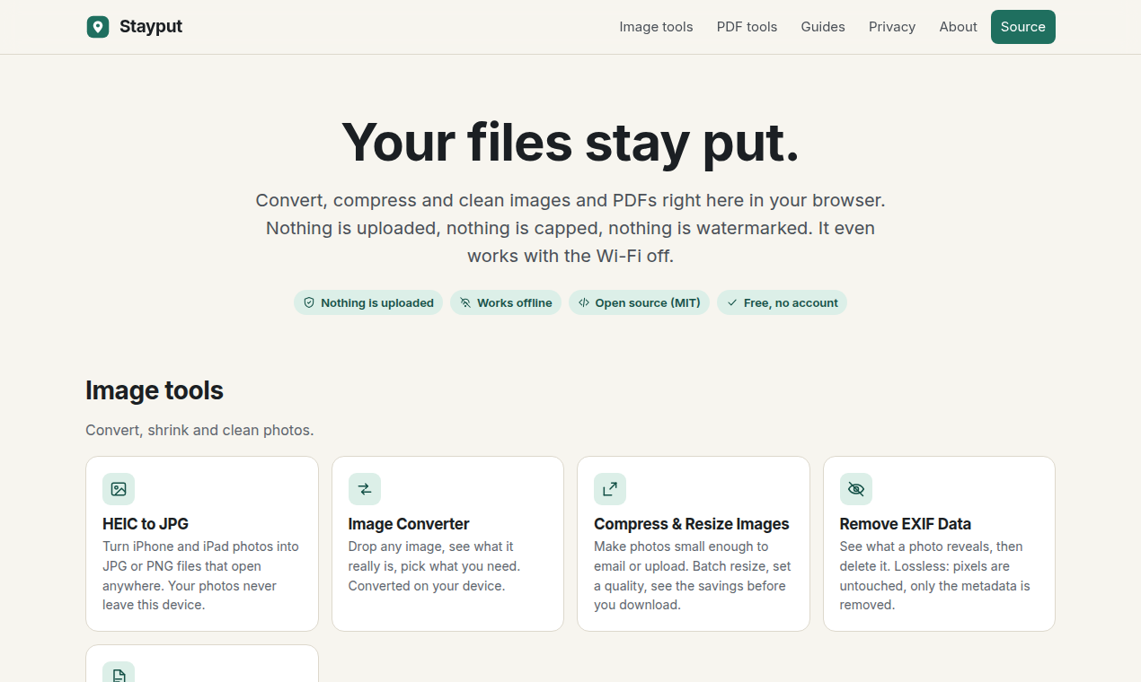 The Stayput home page: "Your files stay put." above a grid of image tools.