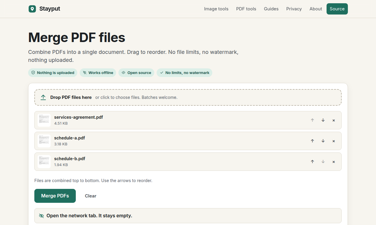 Merge PDF with three documents loaded and their pages shown in order.