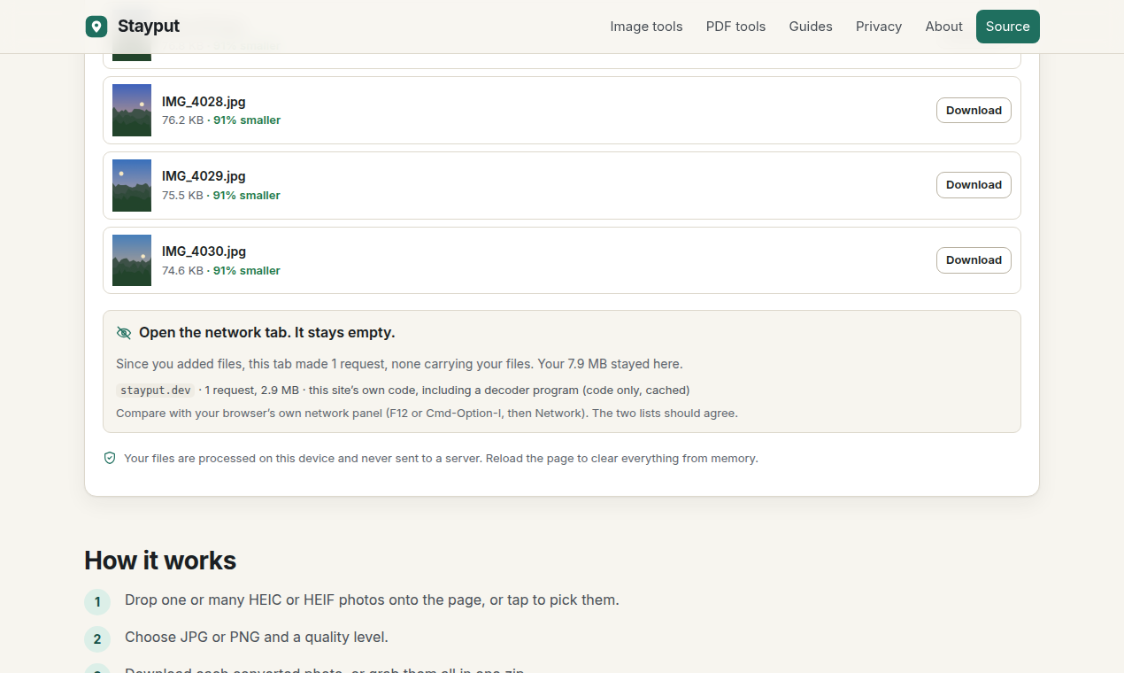 The request panel on a tool page: one request to stayput.dev for code, none carrying the files.