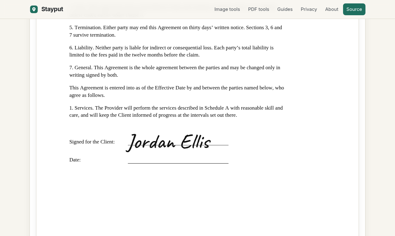 Sign PDF with a typed signature placed on a contract.